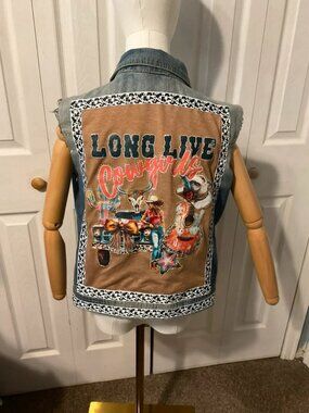 Long Live Cowgirls Upcycled Back Graphic w/Cow Print Ribbon Border on W. Lg Vest